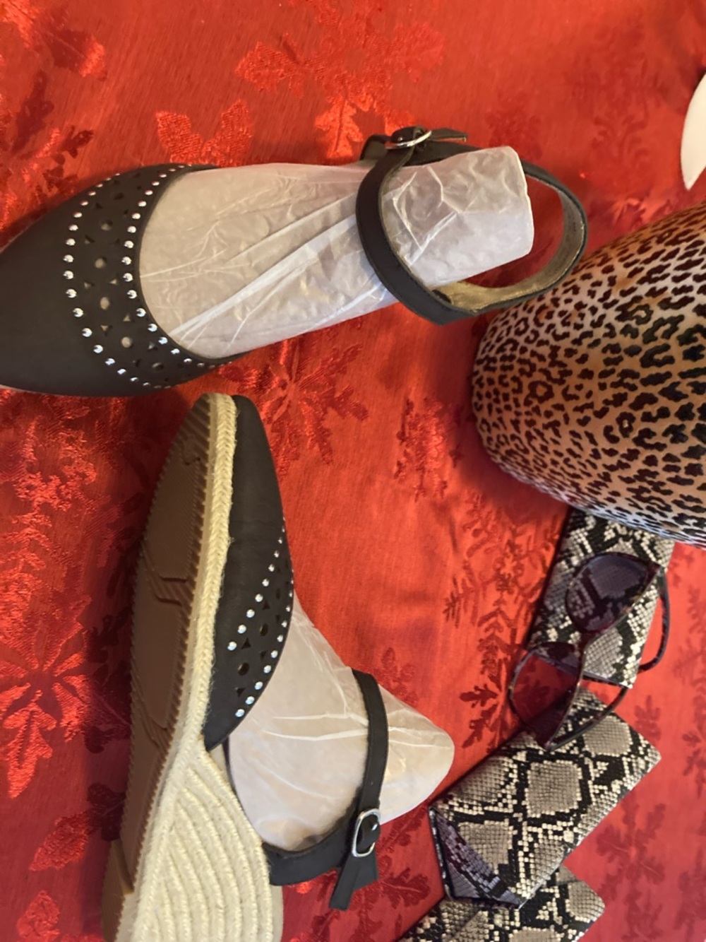 Studded Black Ankle-Strap Espadrille Wedges